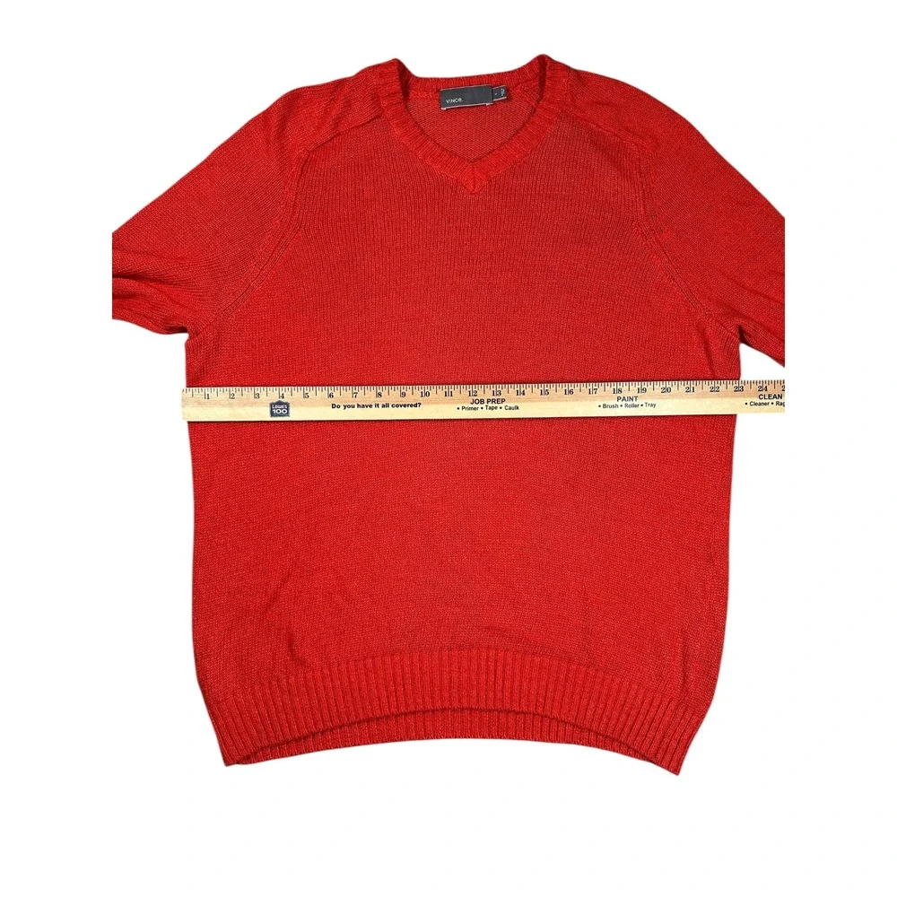 Vince 100% Linen V-Neck Sweater Mens L Red Orange Quiet Luxury Summer Knit